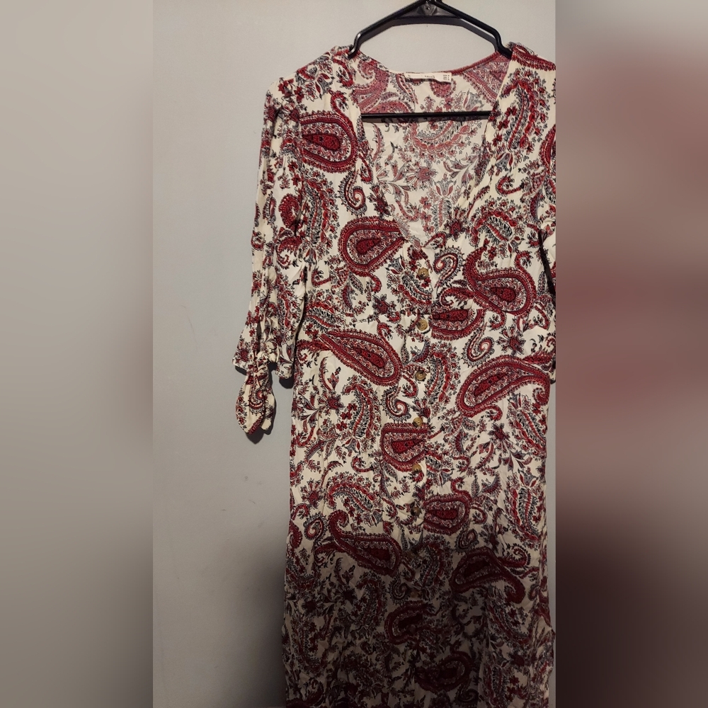 MNG Dress Red Paisley Maxi 6 Button Front Boho Peasant Country Cowgirl Western